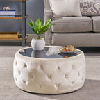 Christopher Knight Home Velvet Round Tufted Ottoman with Tempered Glass Top ¨C Modern Glam Accent