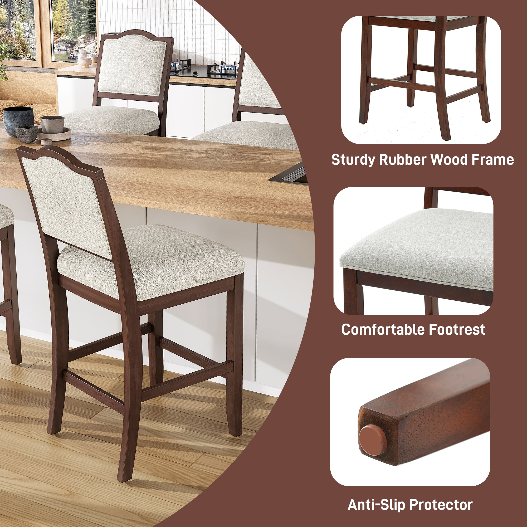 Upholstered Counter Height Bar Stools Set of 2, Solid Wood Frame with Fabric Seat & Back