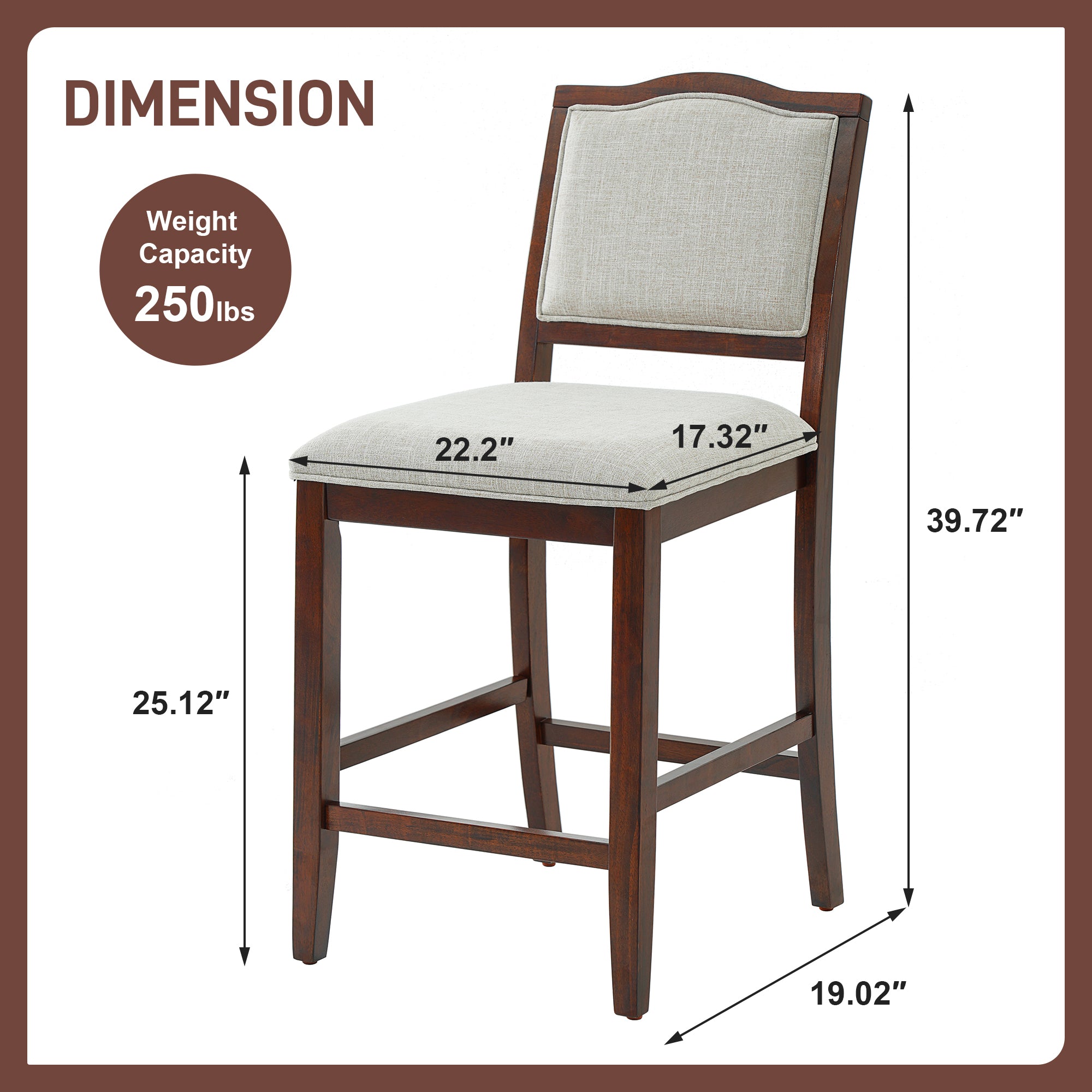 Upholstered Counter Height Bar Stools Set of 2, Solid Wood Frame with Fabric Seat & Back