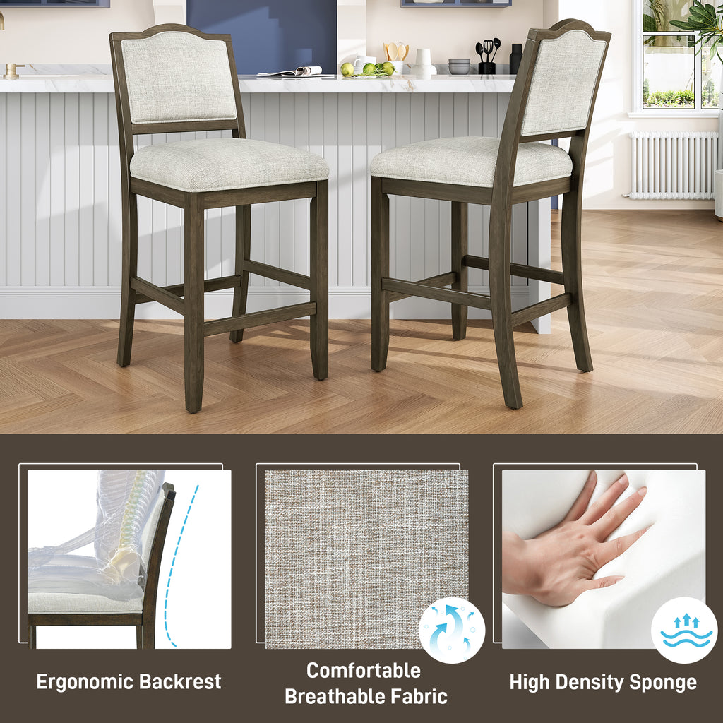 Upholstered Counter Height Bar Stools Set of 2, Solid Wood Frame with Fabric Seat & Back