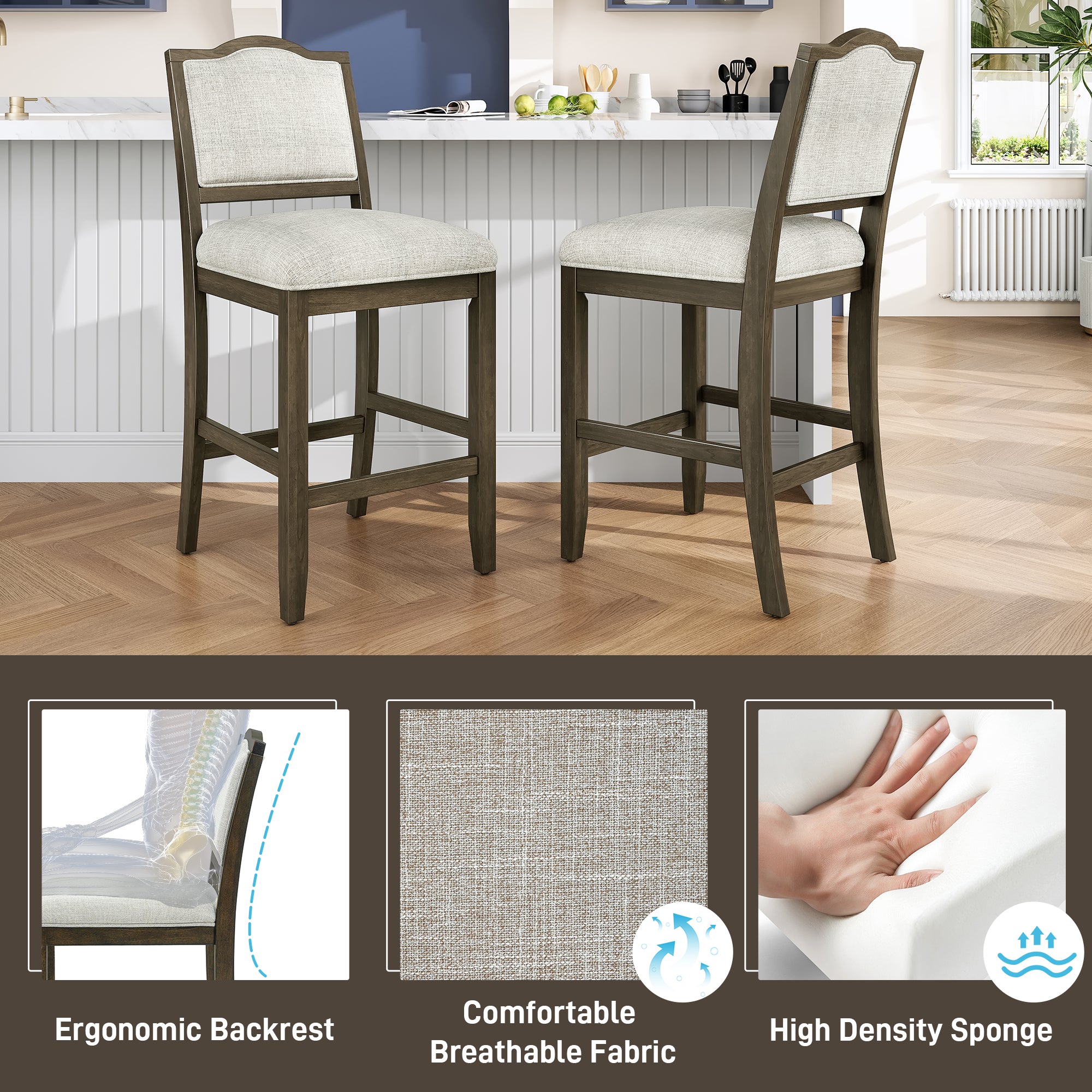 Upholstered Counter Height Bar Stools Set of 2, Solid Wood Frame with Fabric Seat & Back
