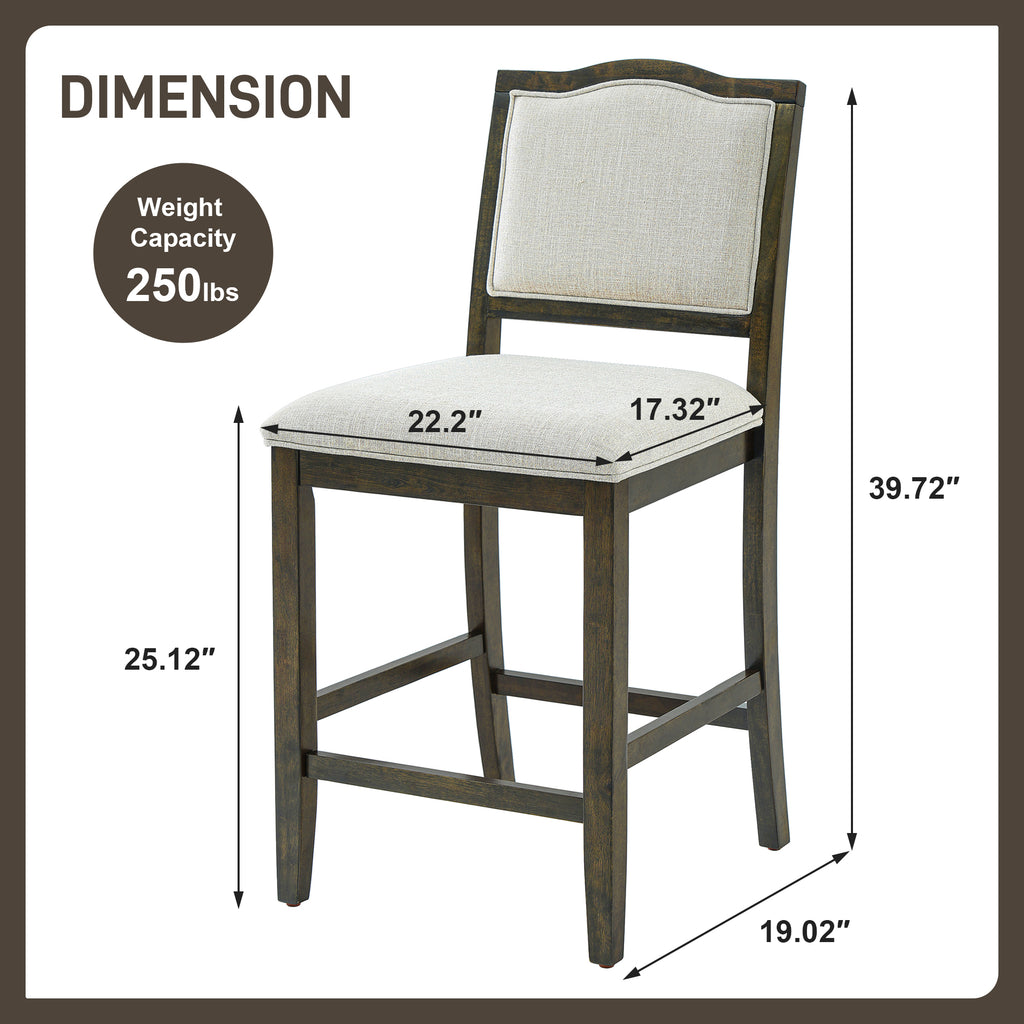 Upholstered Counter Height Bar Stools Set of 2, Solid Wood Frame with Fabric Seat & Back