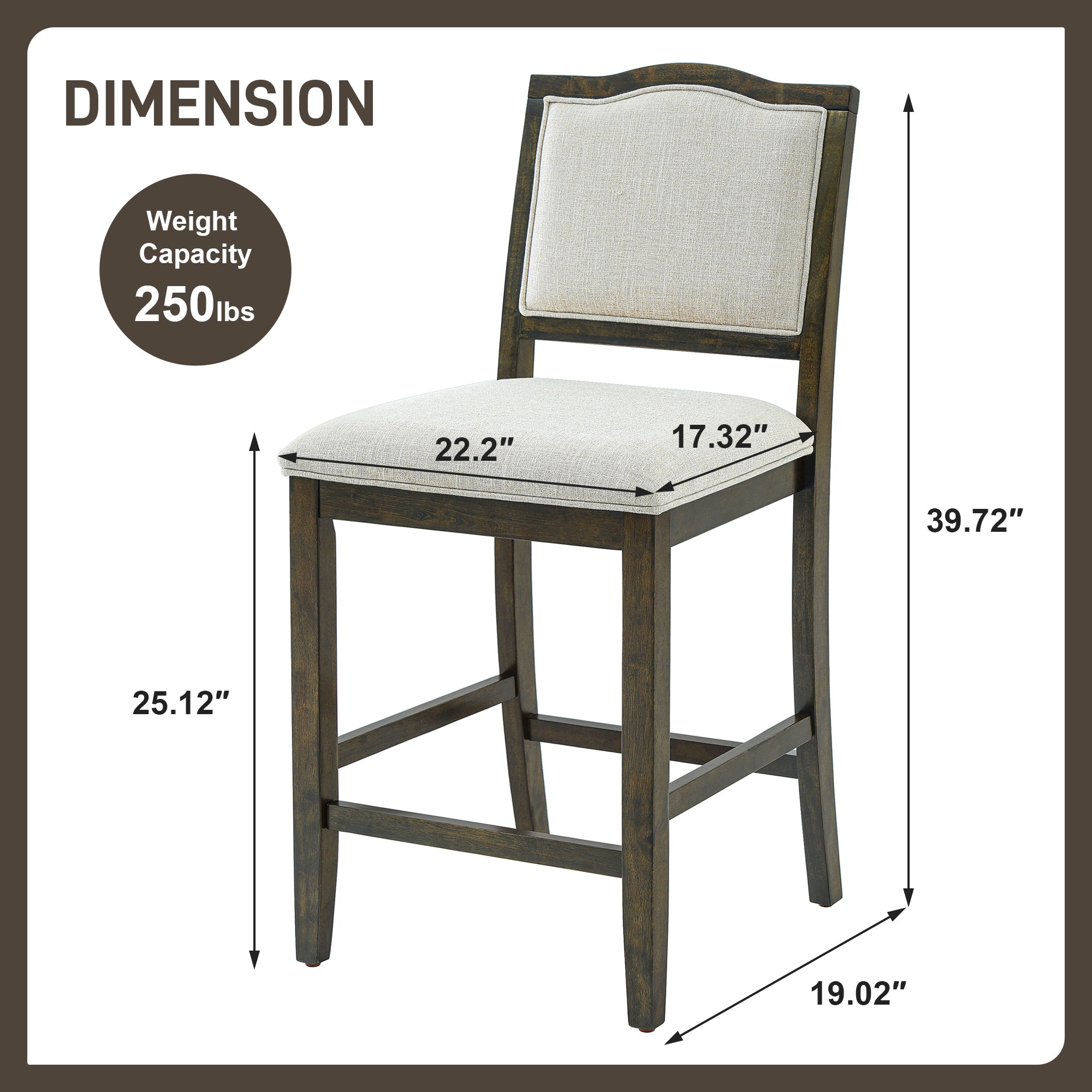 Upholstered Counter Height Bar Stools Set of 2, Solid Wood Frame with Fabric Seat & Back