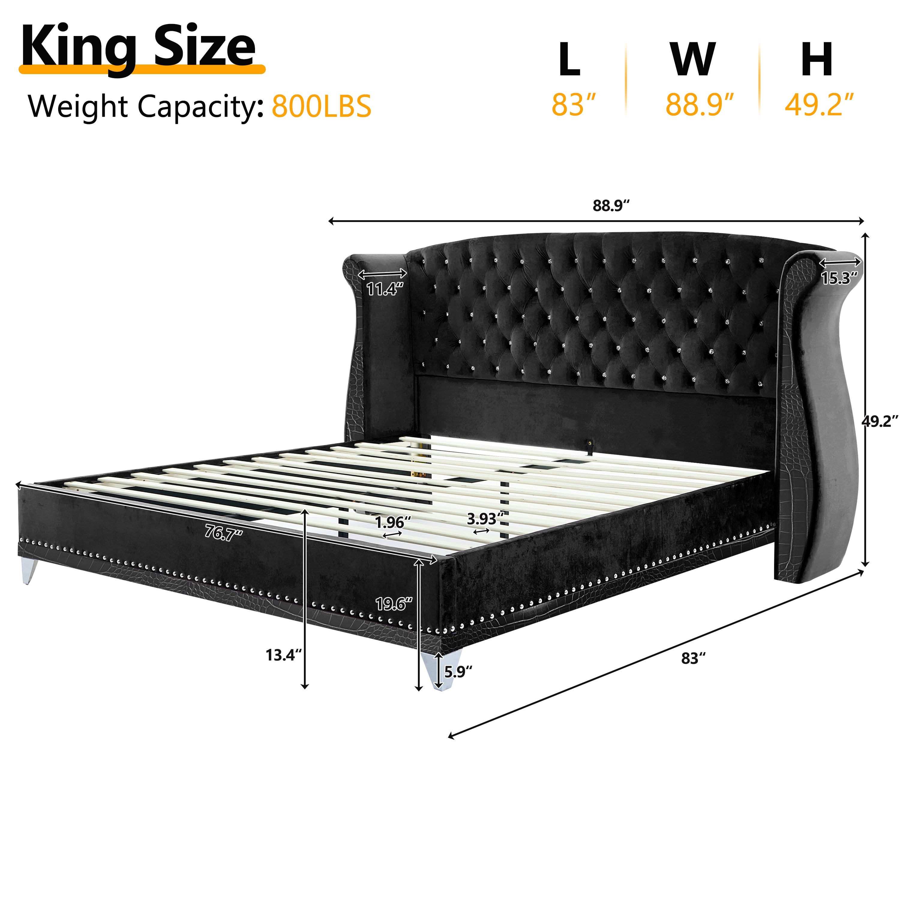 Christopher Knight Home Modern Velvet Wingback Tufted Platform Bed with Nailhead Trim and Silver Legs