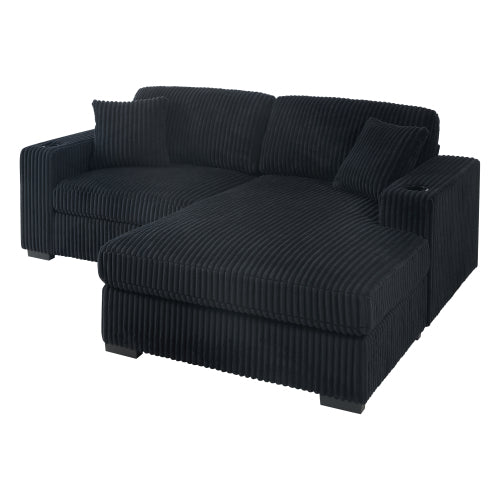 GDFStudio Ceto Modern Corduroy Oversized 86.5" 3-Seater L-Shaped Sectional Sofa with Charging Ports and Pillows, Black