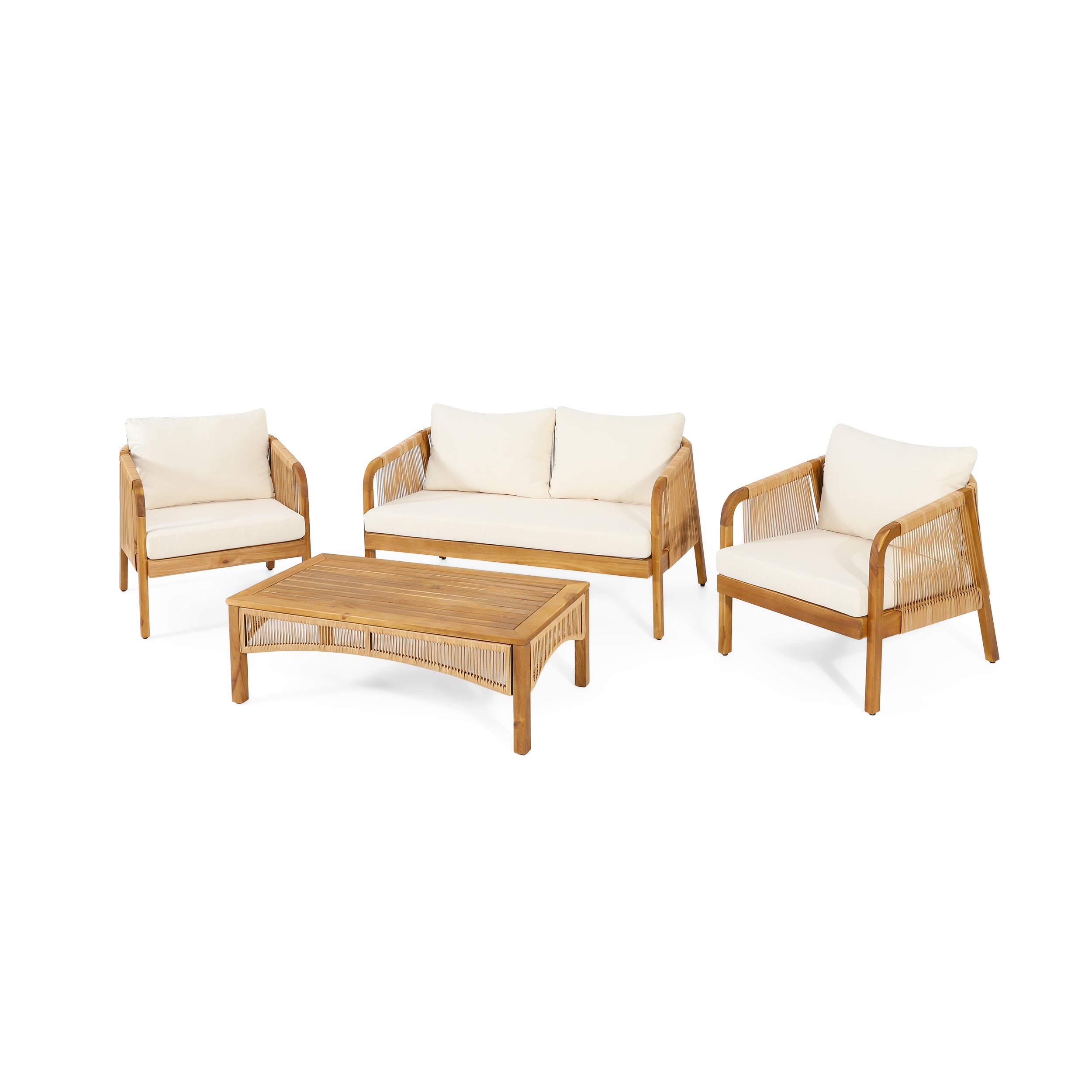 Christopher Knight Home Allerton Outdoor Acacia Wood and Rattan 4-Seater Chat Set with Cushions, Teak/Beige