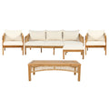 Christopher Knight Home Ignis Boho 5 Piece Patio Acacia Wood Faux Rattan Chat Set with Cushions and Slatted Coffee Table, Beige/Brown