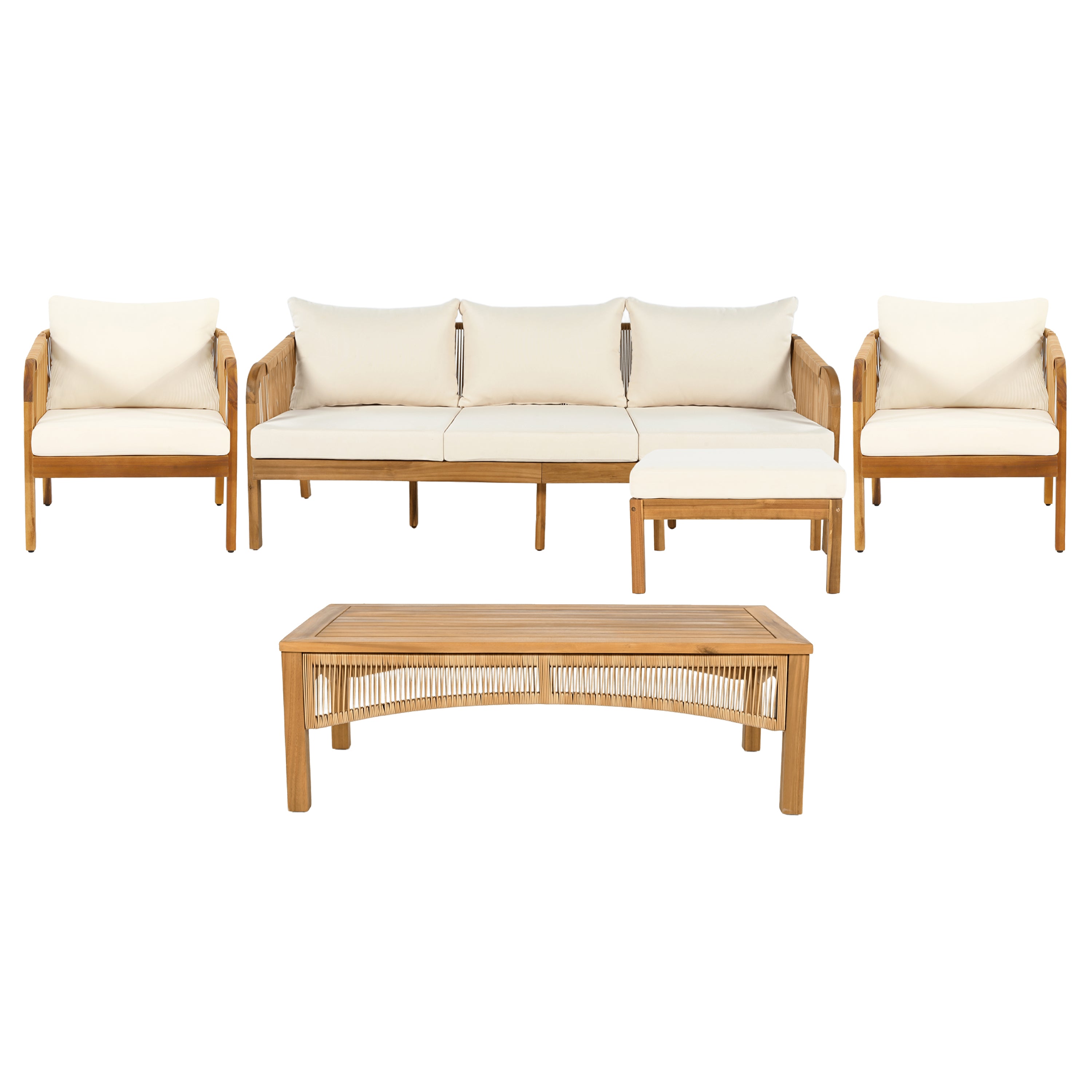 Christopher Knight Home Ignis Boho 5 Piece Patio Acacia Wood Faux Rattan Chat Set with Cushions and Slatted Coffee Table, Beige/Brown
