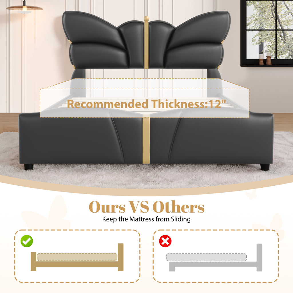 Christopher Knight Home Butterfly-Headboard PU Leather Platform Bed with Wood Slats & Metal Accents