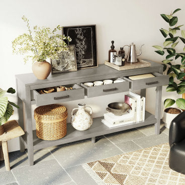 GDFStudio Larry 59" Farmhouse Console Table with Drawers and Bottom Shelf, Gray