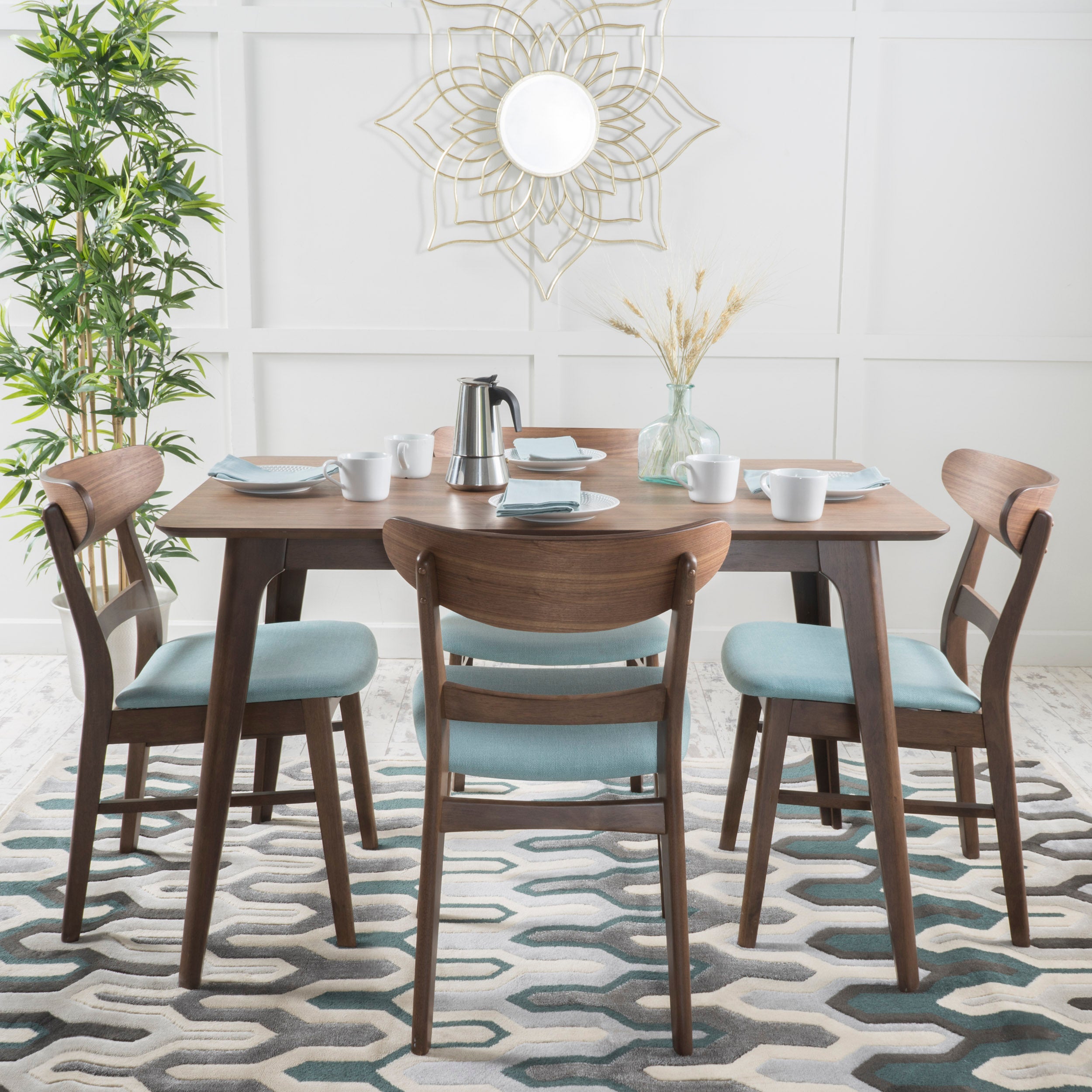 Christopher Knight Home Bryner Mid Century Modern Fabric Upholstered Wood 5 Piece Dining Set, Mint