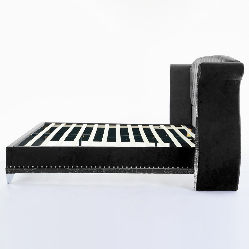 Christopher Knight Home Modern Velvet Wingback Tufted Platform Bed with Nailhead Trim and Silver Legs