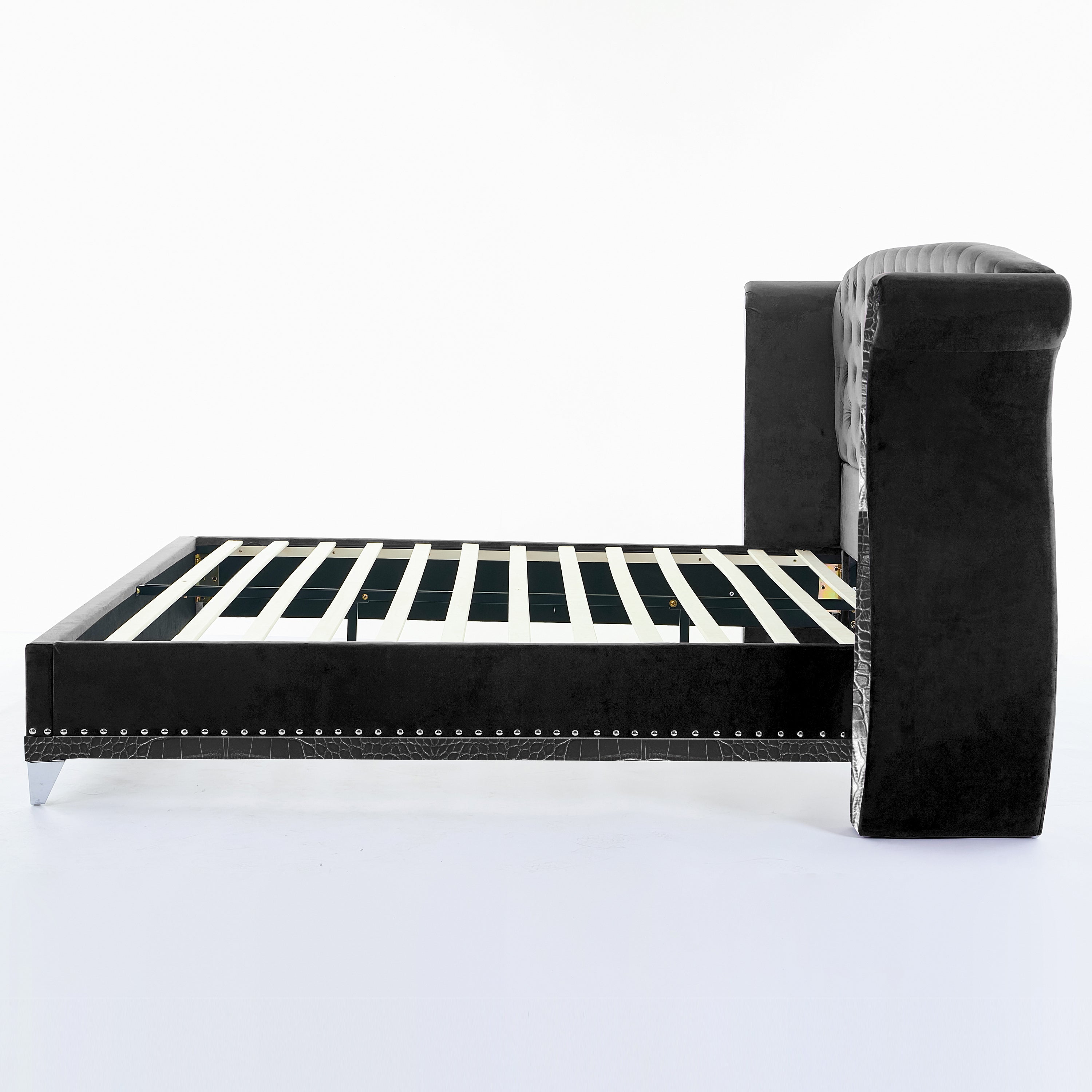 Christopher Knight Home Modern Velvet Wingback Tufted Platform Bed with Nailhead Trim and Silver Legs