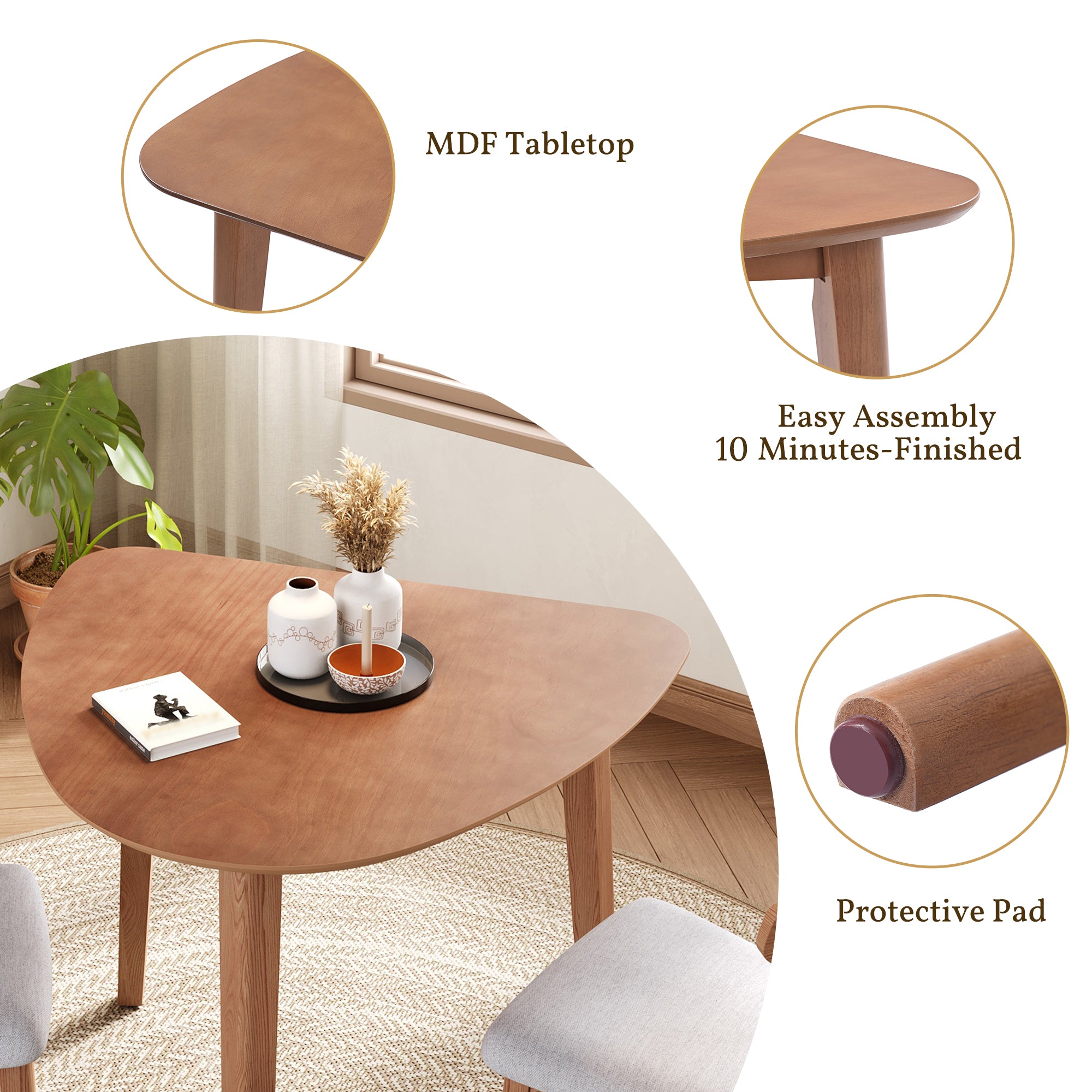 GDF Studio 3-Piece Solid Wood Dining Set with Triangular Table, Scandinavian Small Space Table & Chairs