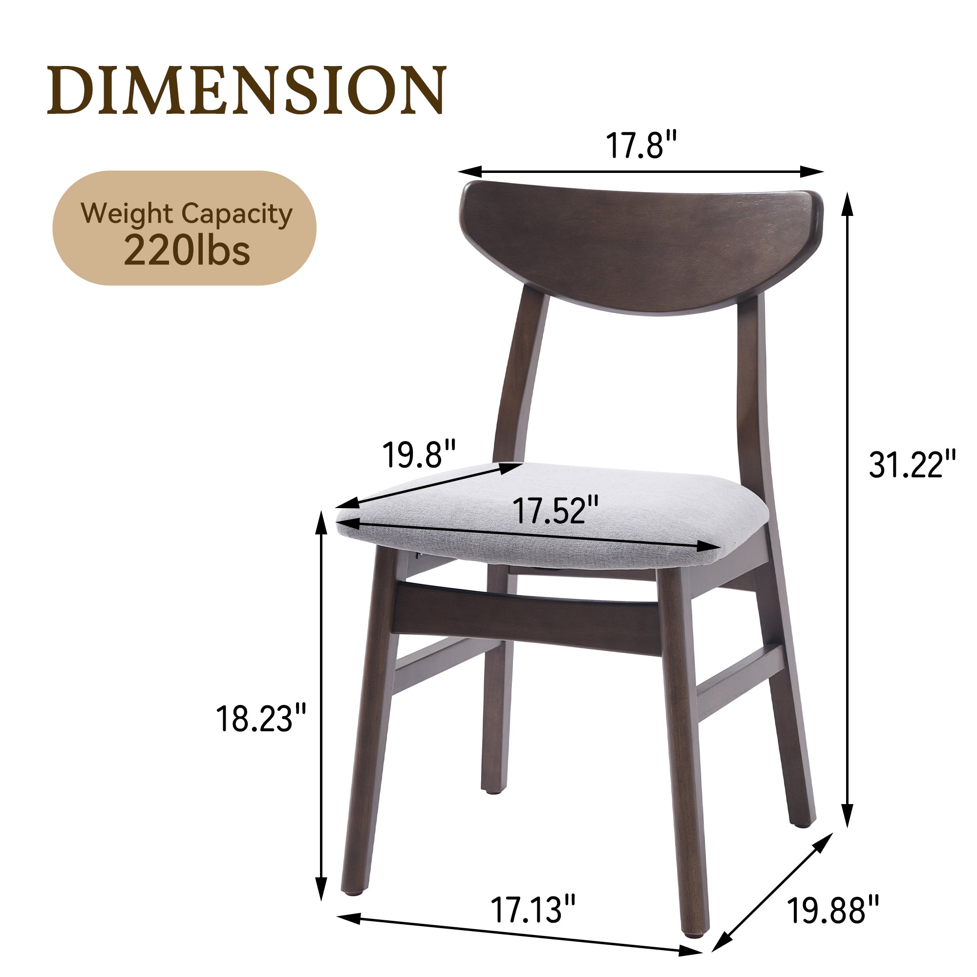Set of 2 Scandinavian Dining Chairs, Curved Wood Back & Gray Fabric Seat