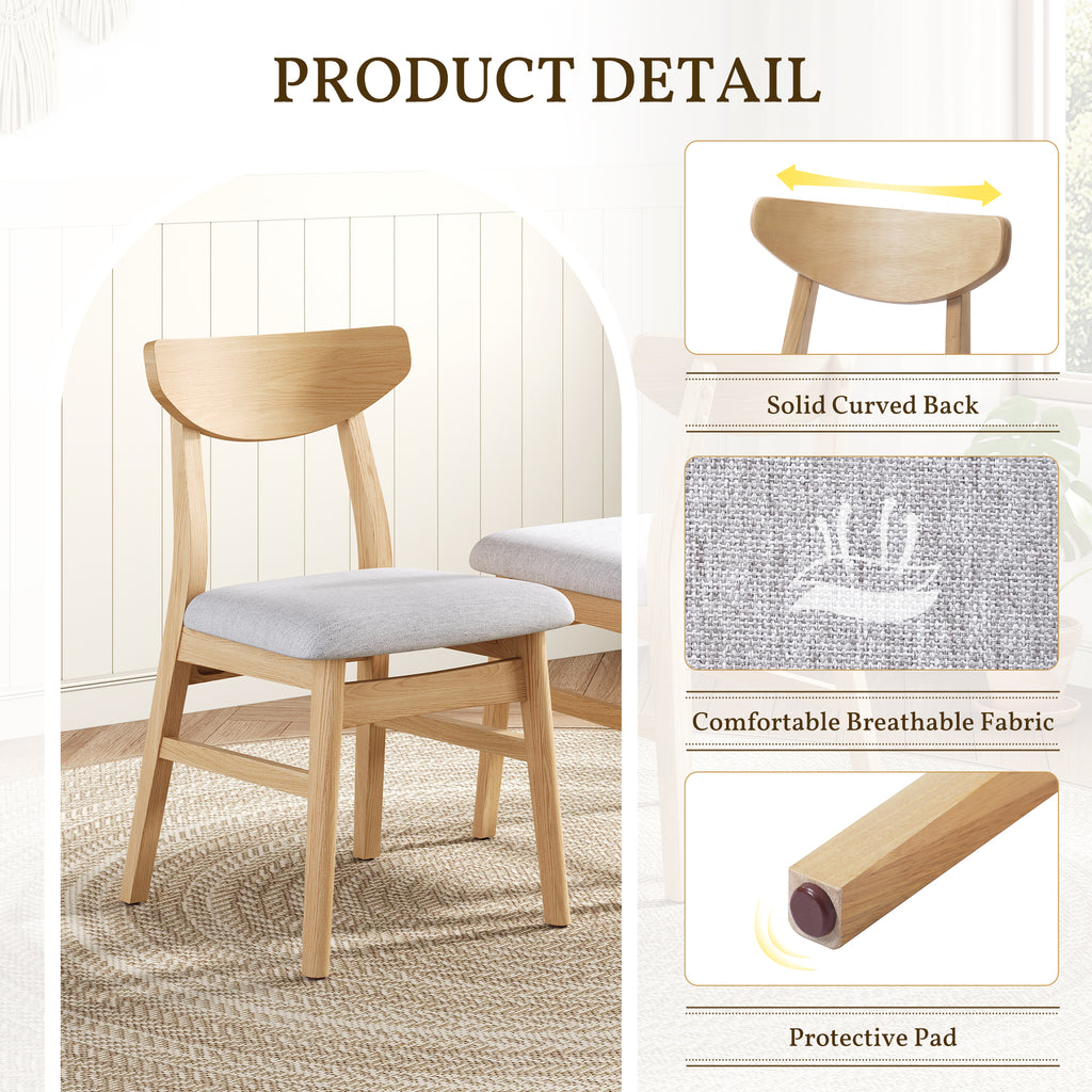 Set of 2 Scandinavian Dining Chairs, Curved Wood Back & Gray Fabric Seat