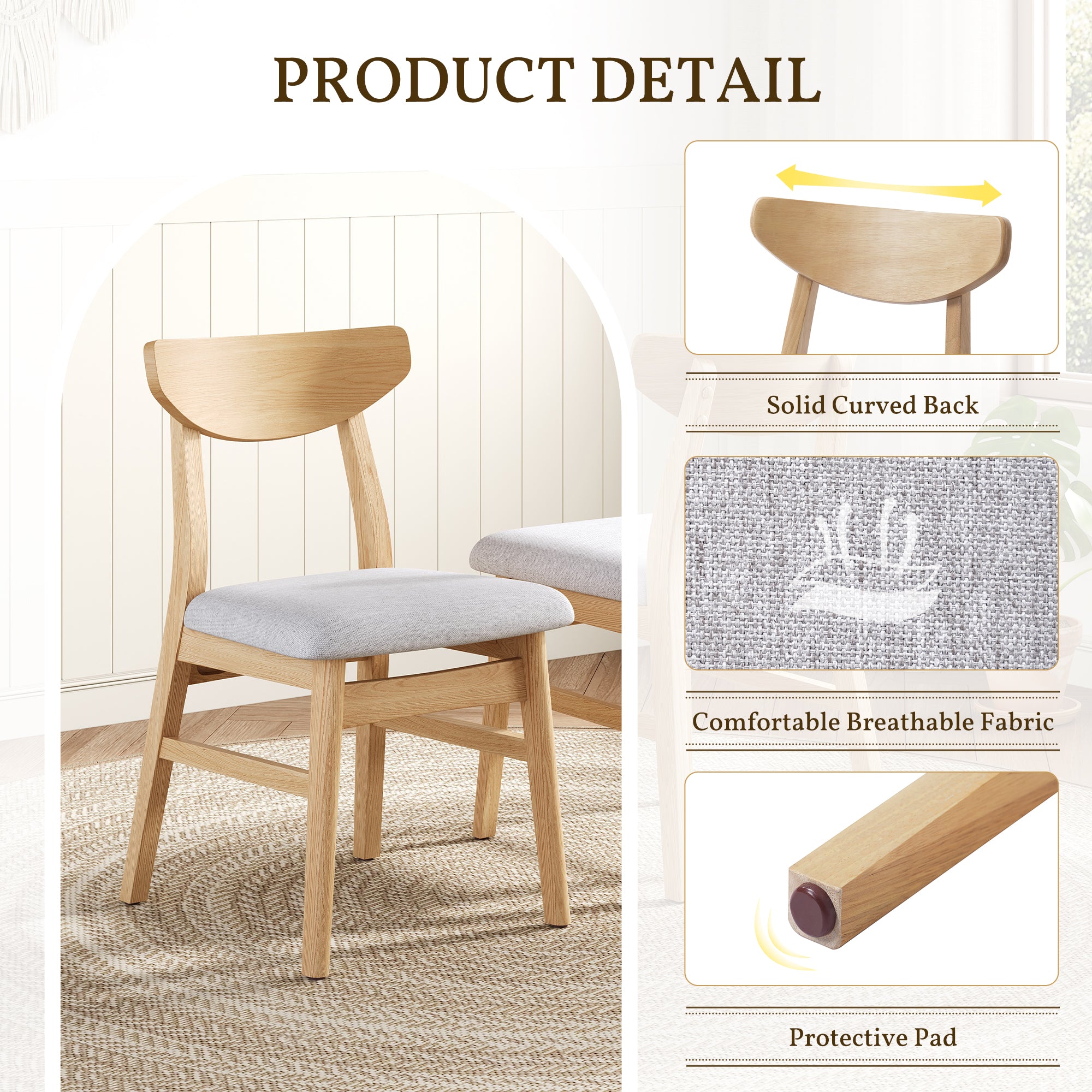 Set of 2 Scandinavian Dining Chairs, Curved Wood Back & Gray Fabric Seat