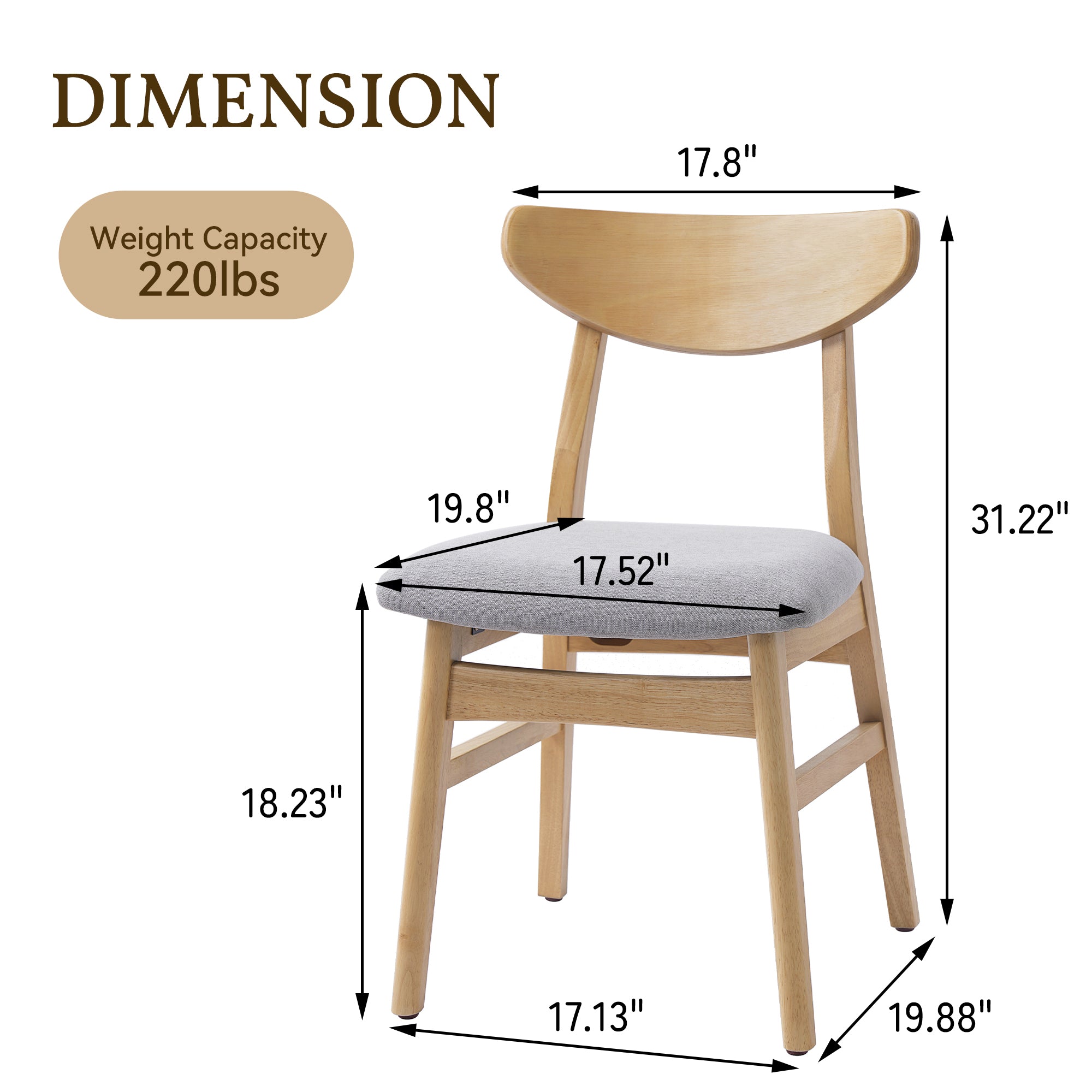 Set of 2 Scandinavian Dining Chairs, Curved Wood Back & Gray Fabric Seat