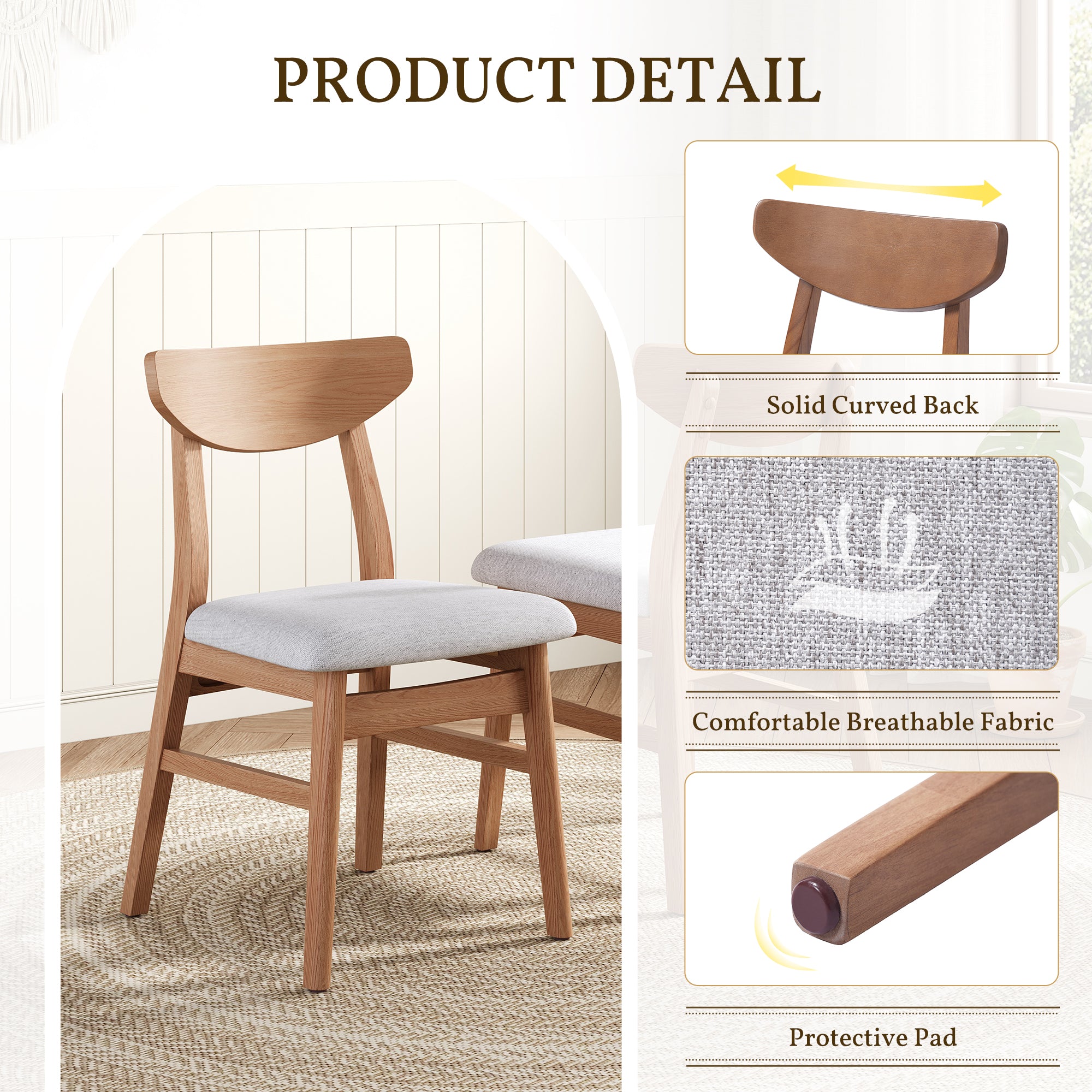 Set of 2 Scandinavian Dining Chairs, Curved Wood Back & Gray Fabric Seat