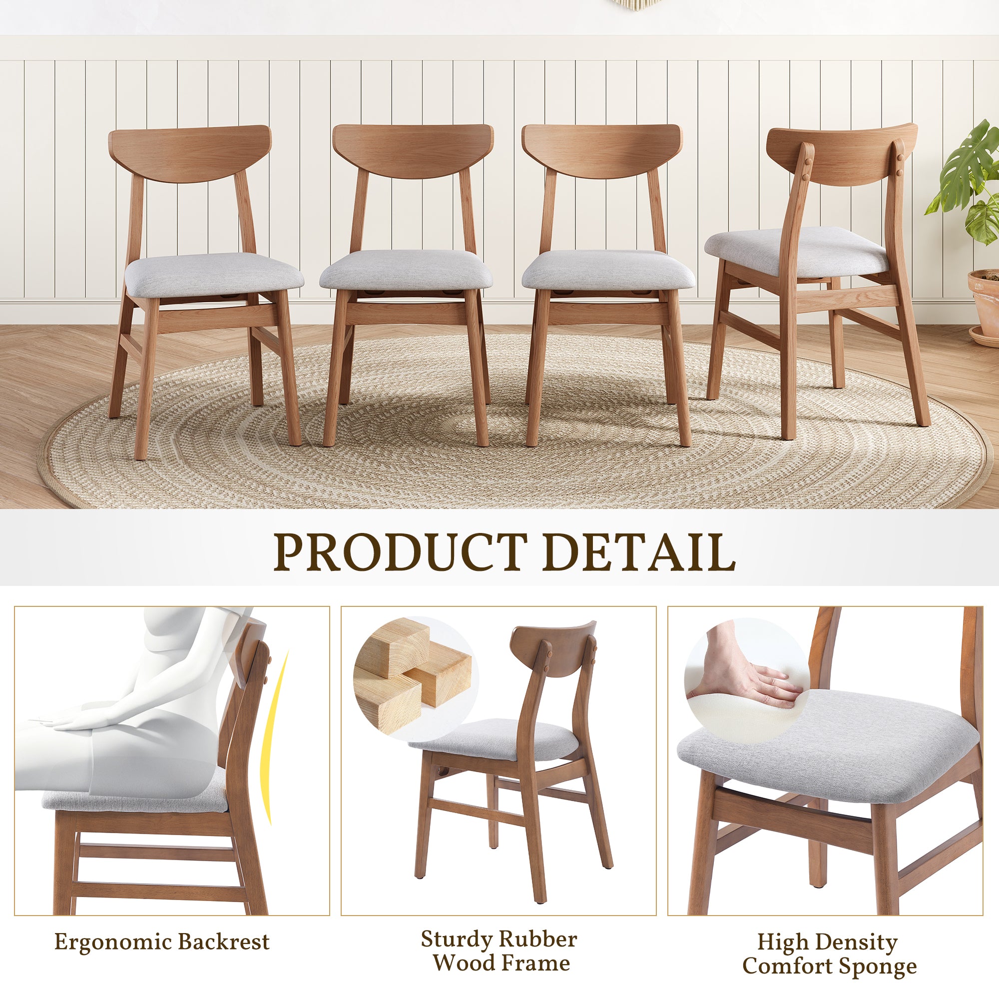 Set of 2 Scandinavian Dining Chairs, Curved Wood Back & Gray Fabric Seat