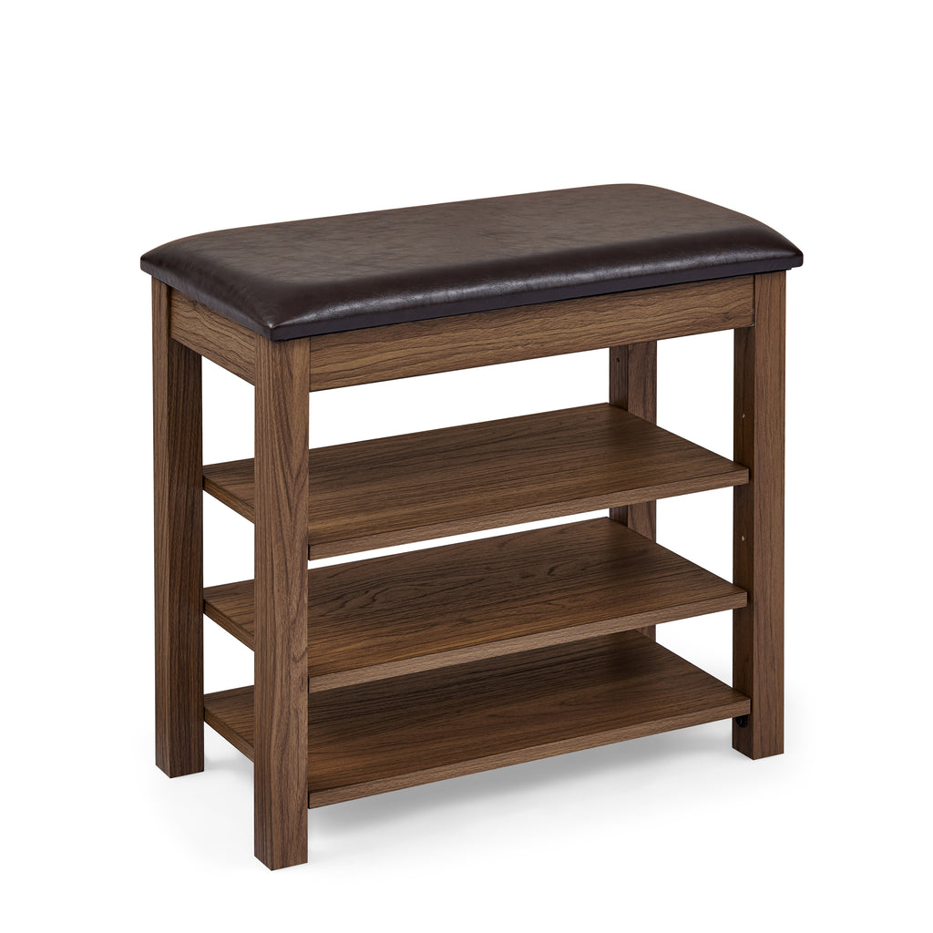 GDFStudio Debby Wood Faux Leather Upholstered?Shoe Rack Bench, Brown