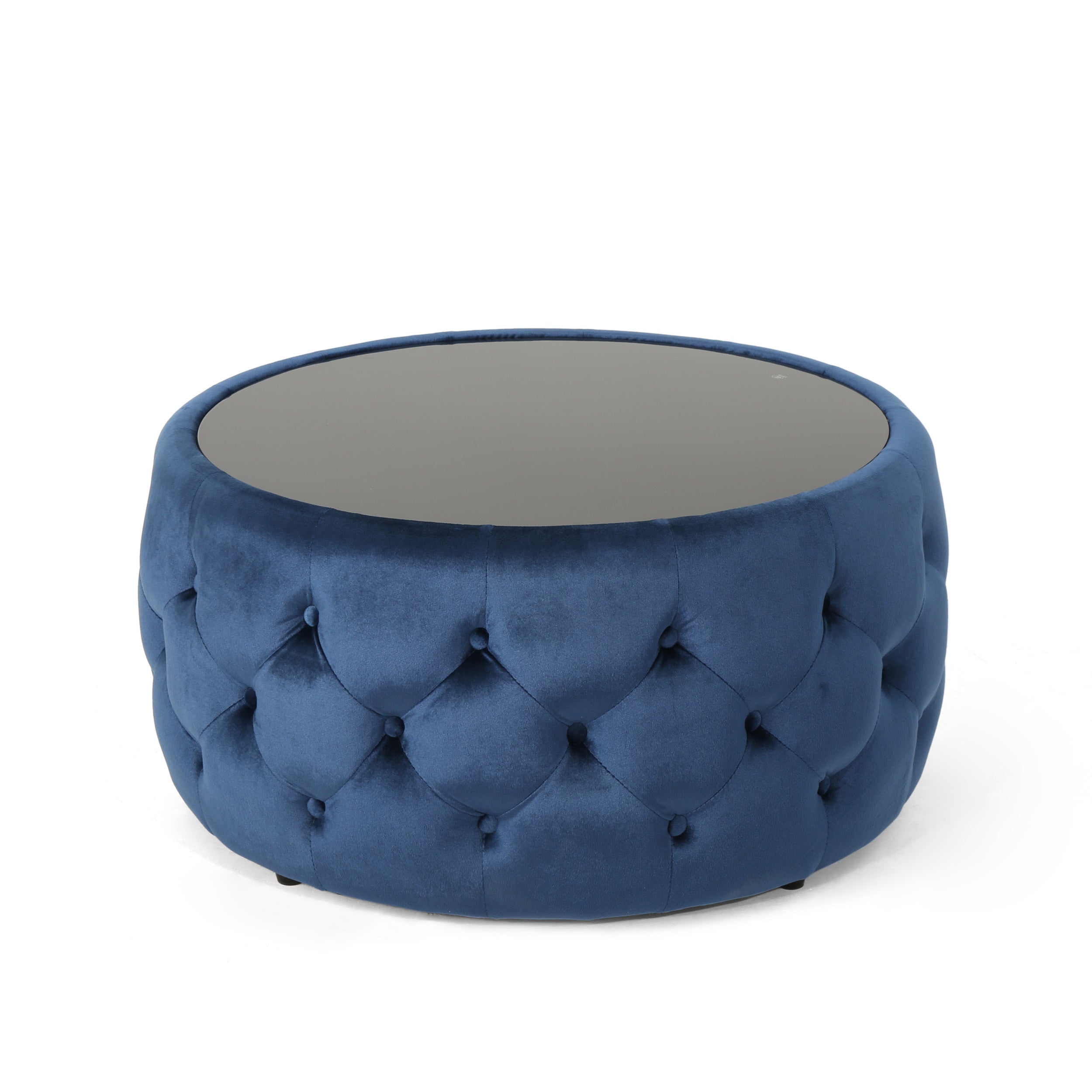Christopher Knight Home Velvet Round Tufted Ottoman with Tempered Glass Top – Modern Glam Accent