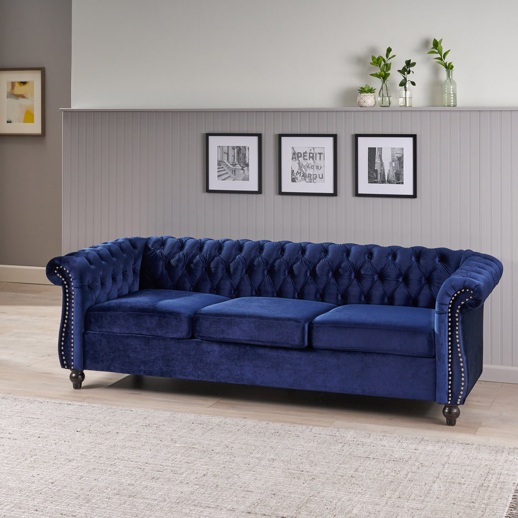 Christopher Knight Home Velvet Chesterfield Sofa with Tufted Back & Nailhead Trim