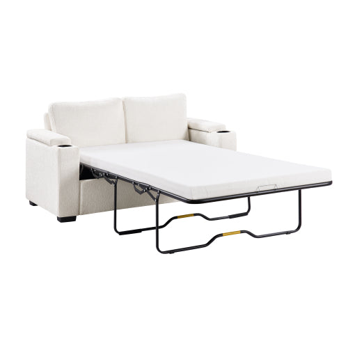 GDFStudio Ceto Modern Chenille Pull-Out Loveseat Sleeper Sofa Bed with Mattress and Arm Storage, Beige