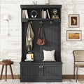 GDFStudio Laurin Modern Wooden Hall Tree with 6 Hooks, 2 Doors and 2 Open Shelves, Black