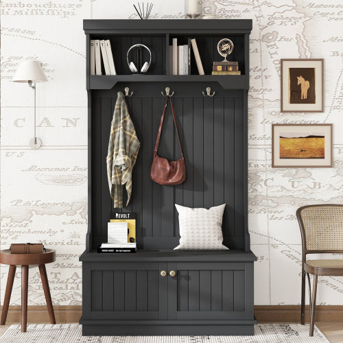 GDFStudio Laurin Modern Wooden Hall Tree with 6 Hooks, 2 Doors and 2 Open Shelves, Black