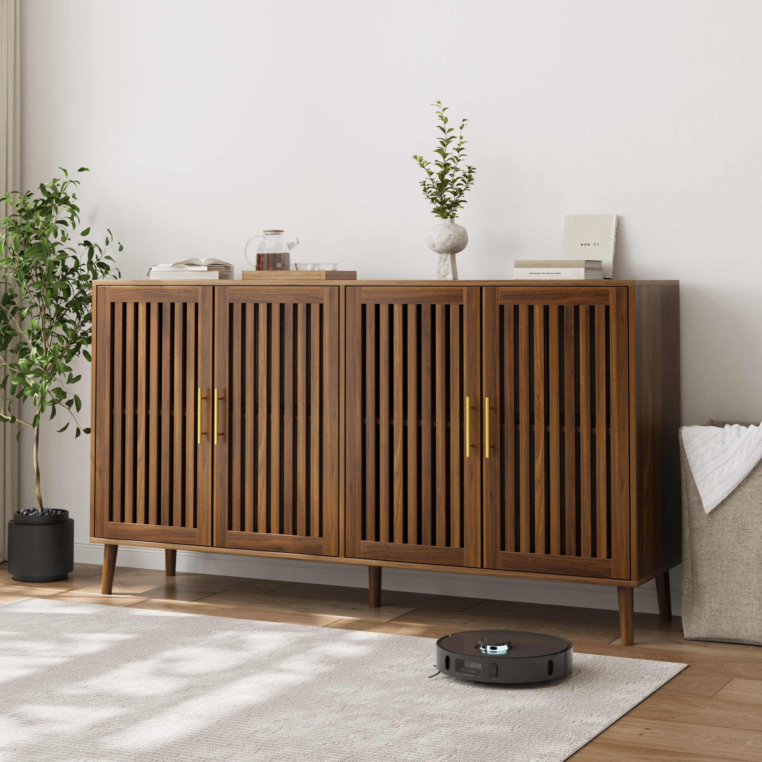 GDFStudio Cassie Mid-Century Modern Storage Cabinet with Grille-Striped Doors and Adjustable Shelves, 63.00''W