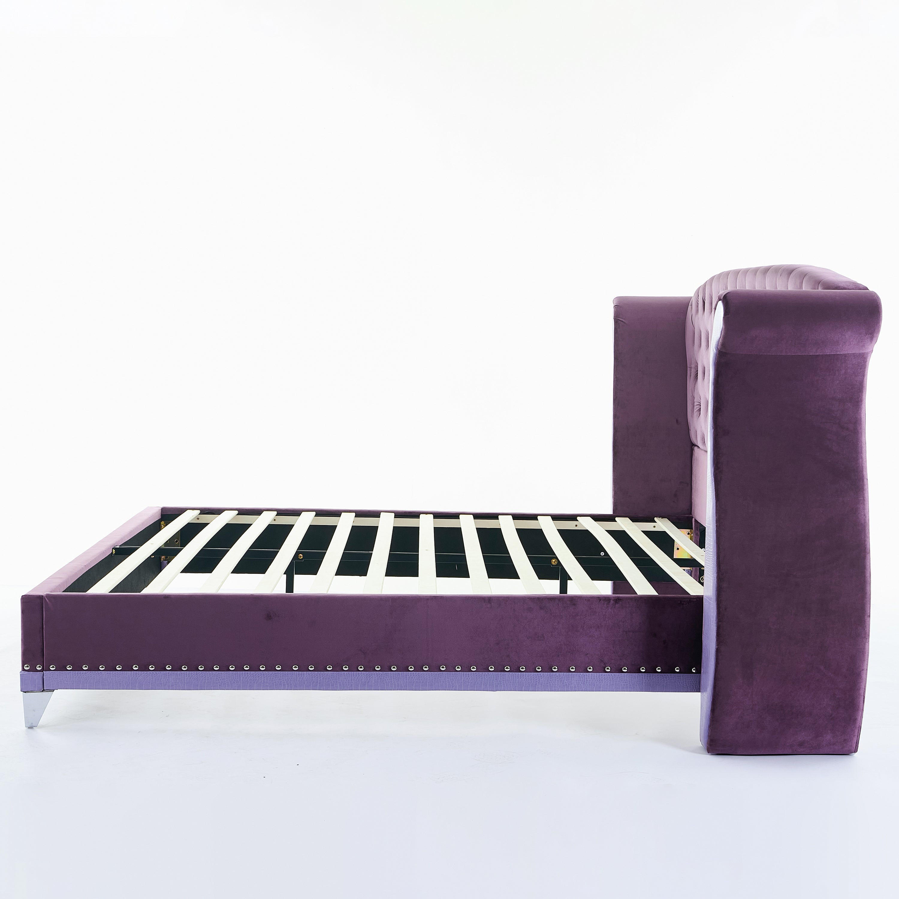 Christopher Knight Home Modern Velvet Wingback Tufted Platform Bed with Nailhead Trim and Silver Legs
