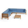 Christopher Knight Home Cascada Outdoor Acacia Wood 7-Seater Sectional Sofa Chat Set with Coffee Table & Cushions, Teak/Blue