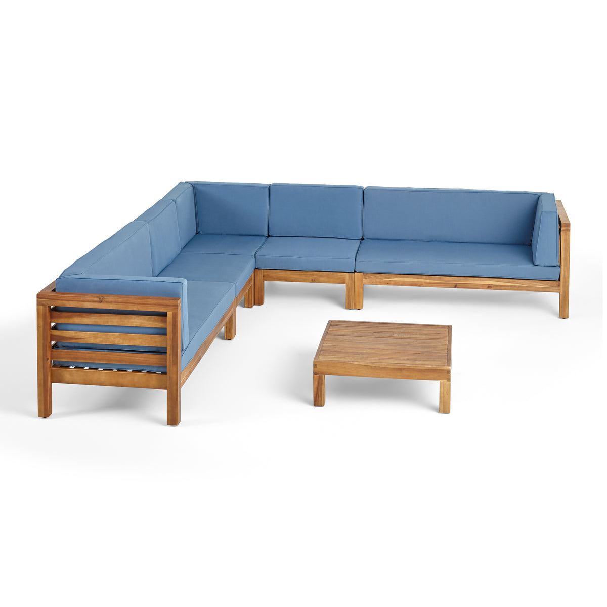 Christopher Knight Home Cascada Outdoor Acacia Wood 7-Seater Sectional Sofa Chat Set with Coffee Table & Cushions, Teak/Blue