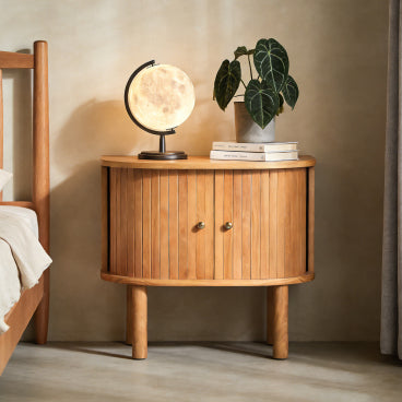 Christopher Knight Home Bennett Modern Scandinavian Curved Wood Nightstand with Sliding Slatted Doors, Natural