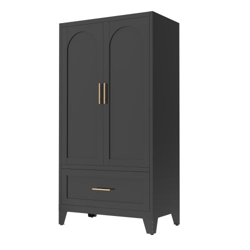 GDFStudio Rosa Modern Metal Wardrobe Cabinet with 1 Drawer, 2 Doors and 1 Hanging Rod, Black