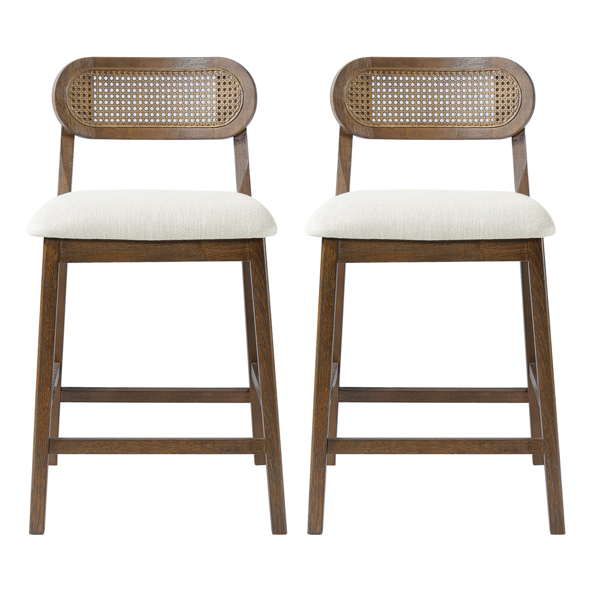 Christopher Knight Home Calder Modern 26.5" Rubberwood Upholstered Counter Stools (Set of 2), Brown/White-Rattan Back