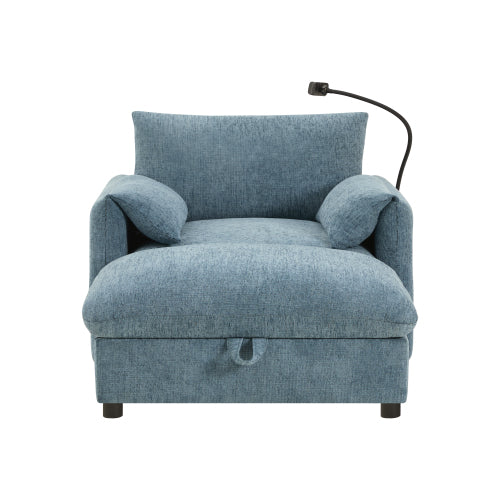 GDFStudio Sandy 38" Single Chenille Sofa with Storage Ottoman and USB & Type-C Charger, Blue