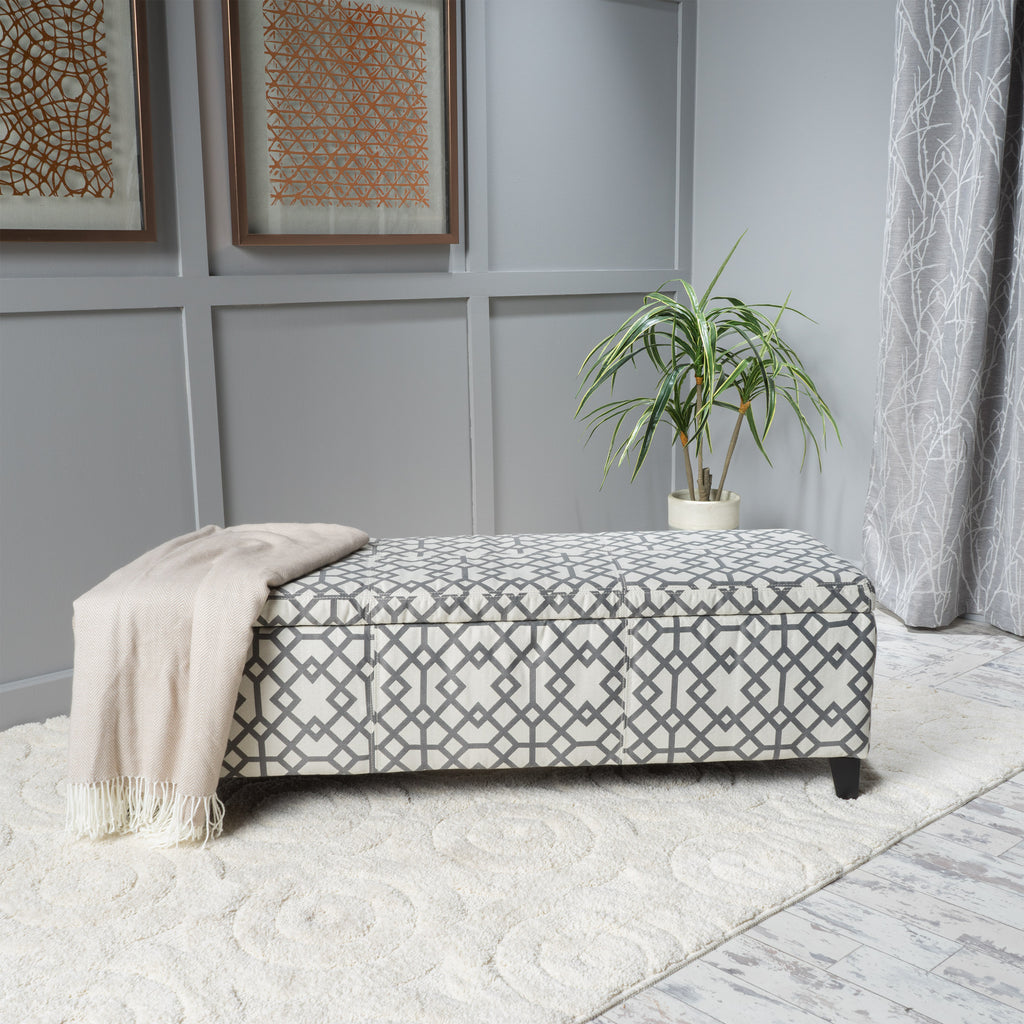 Storage Bench Ottoman with Hidden Storage & Geometric Gray-White Upholstery