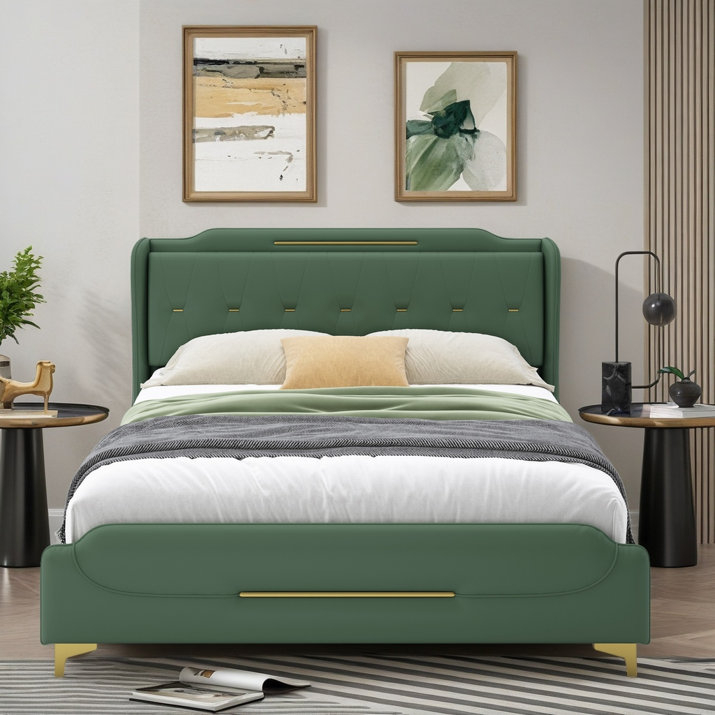 Christopher Knight Home Modern Faux Leather Platform Bed with Gold Metal Accents & Sturdy Wood-Metal Frame