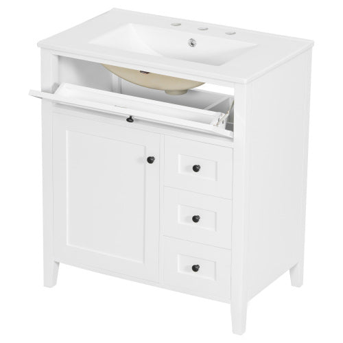 GDFStudio Lillian Modern Wood Freestanding Bathroom Vanity with Ceramic Sink and 3 Drawers, White, 30"