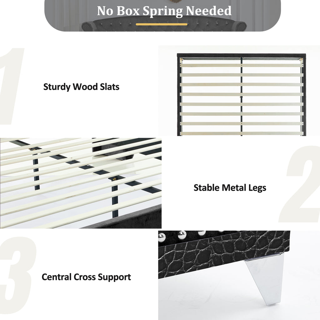 Christopher Knight Home Modern Velvet Wingback Tufted Platform Bed with Nailhead Trim and Silver Legs