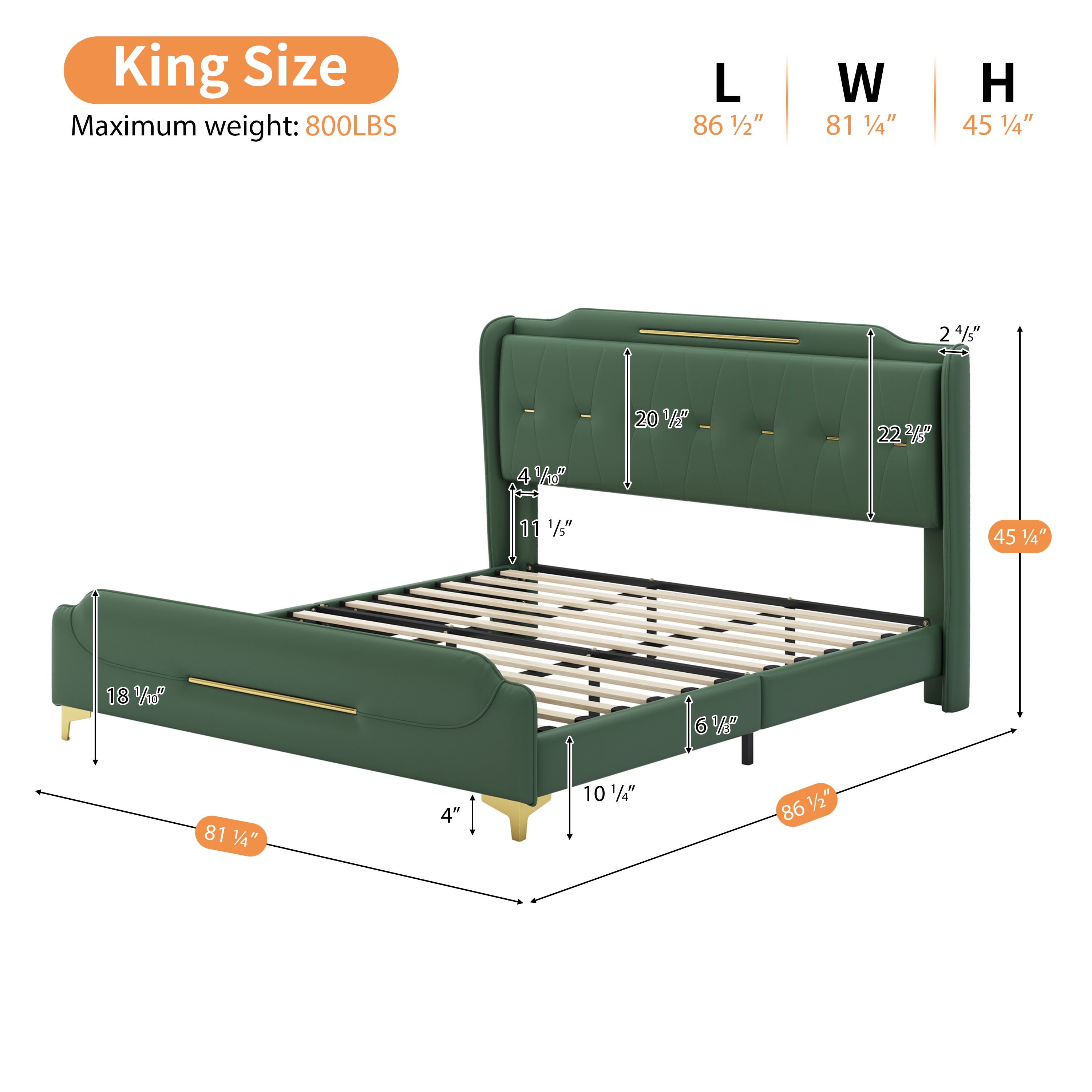 Christopher Knight Home Modern Faux Leather Platform Bed with Gold Metal Accents & Sturdy Wood-Metal Frame