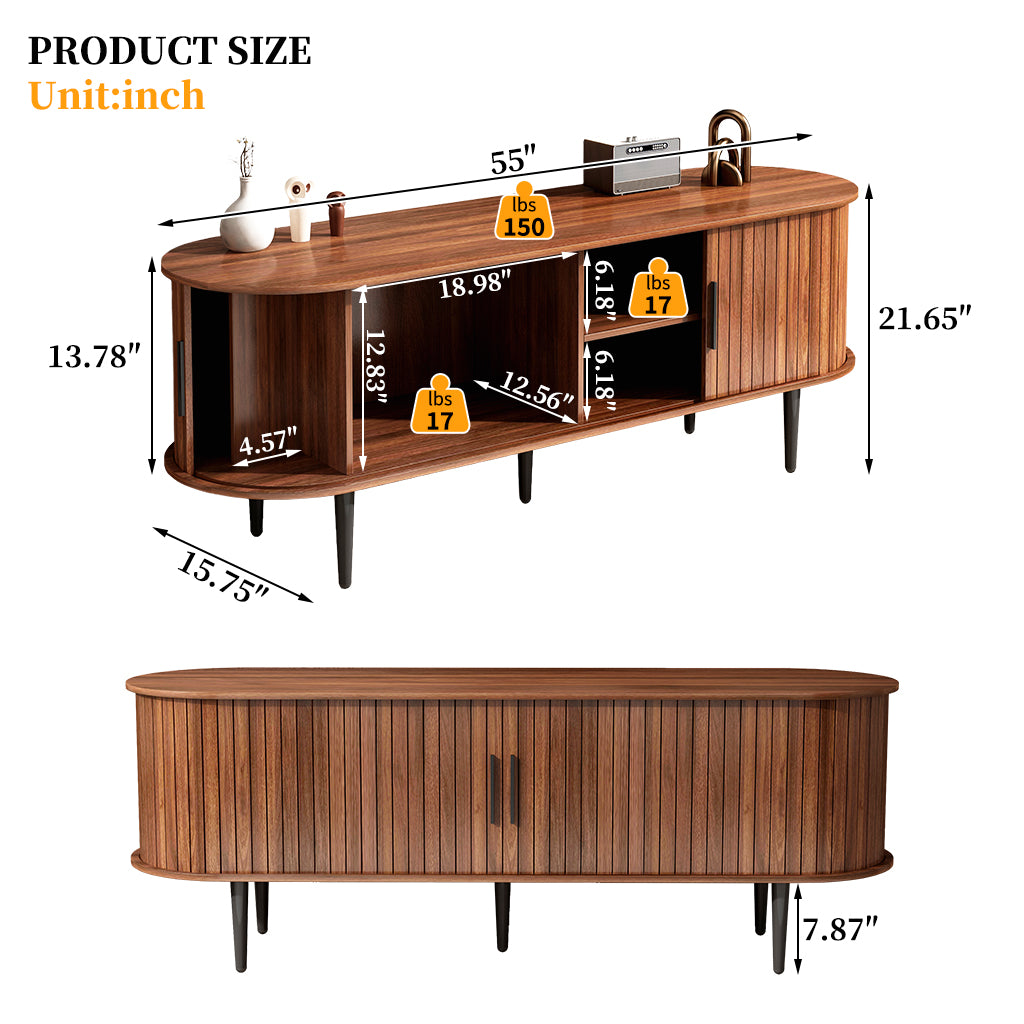 GDFStudio Fennik Mid-Century Modern Wooden TV Stand with Sliding Door, Walnut/55"W
