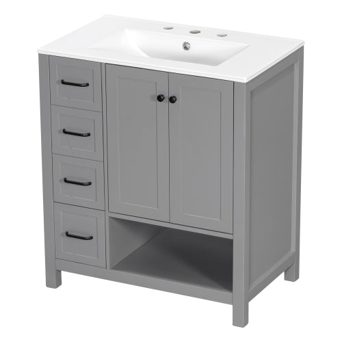 GDFStudio Madison Modern Wood 30-Inch Bathroom Vanity with Ceramic Sink, Drawers and Open Shelf, Gray