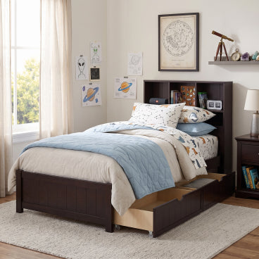 GDFStudio Sandy Wood Platform Twin Bed with Bookcase Headboard and Side Storage Drawers, Espresso
