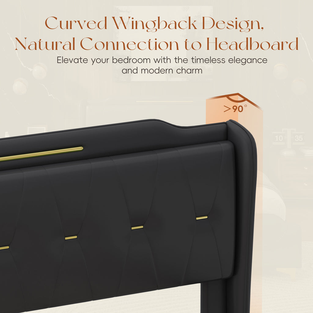 Christopher Knight Home Modern Faux Leather Platform Bed with Gold Metal Accents & Sturdy Wood-Metal Frame