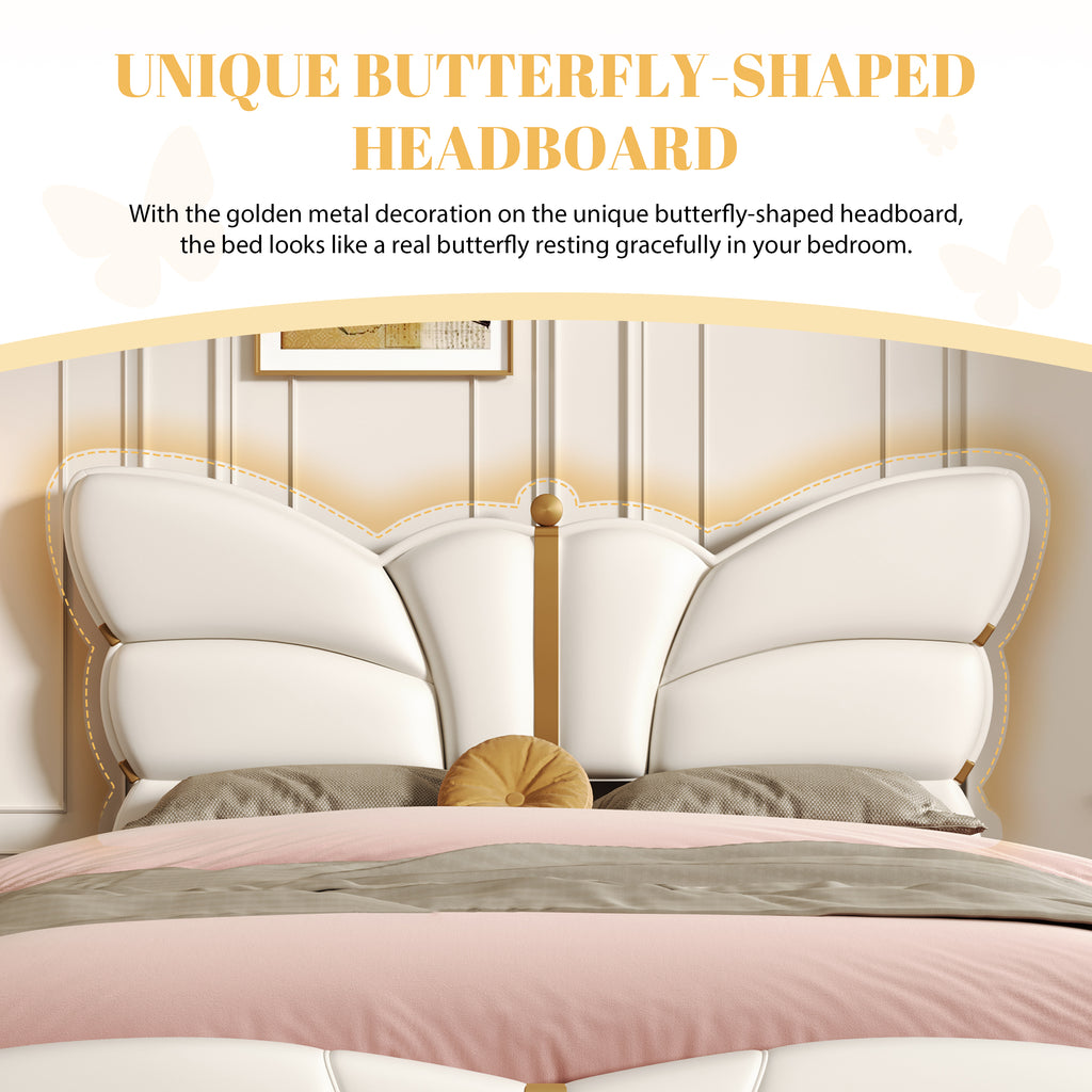 Christopher Knight Home Butterfly-Headboard PU Leather Platform Bed with Wood Slats & Metal Accents