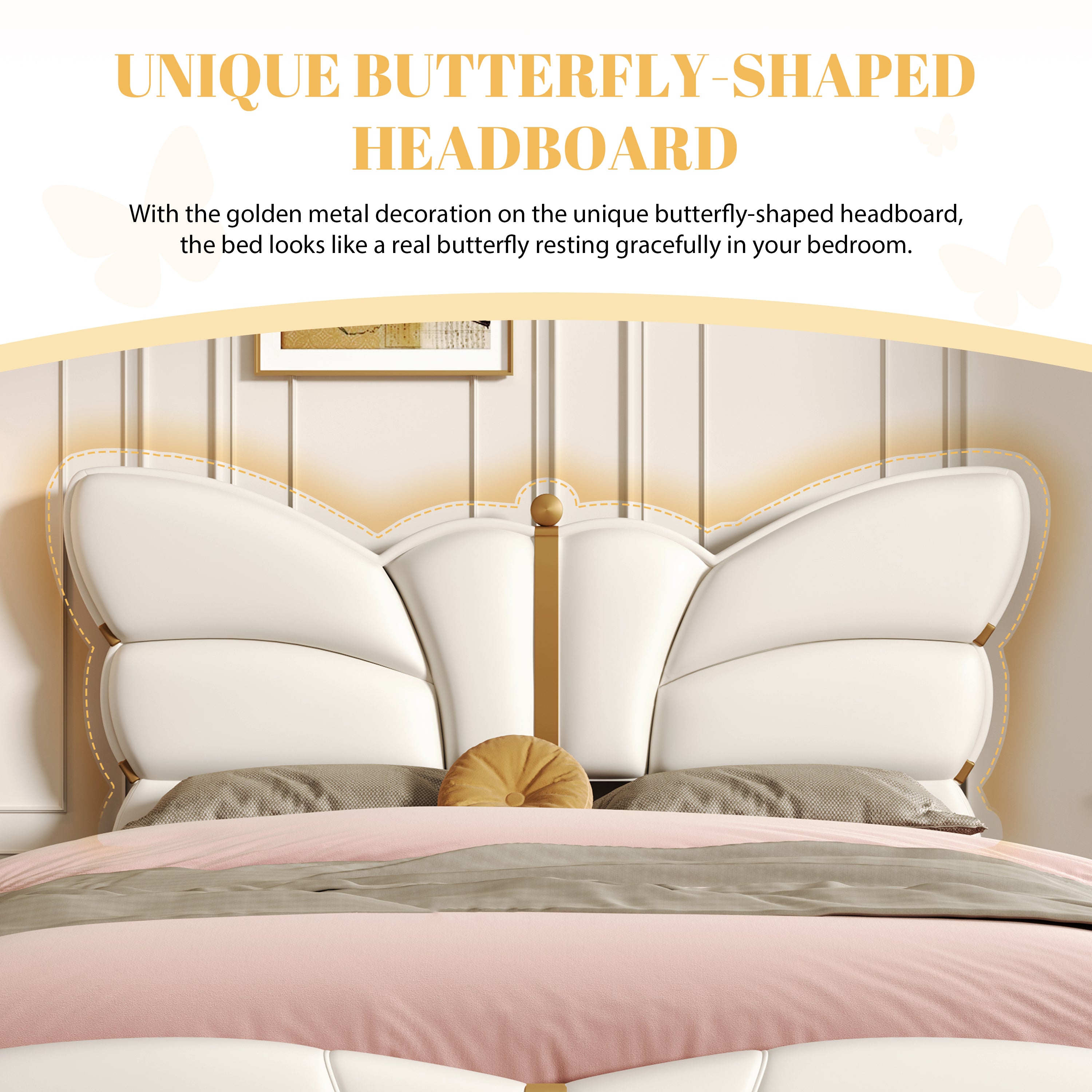 Christopher Knight Home Butterfly-Headboard PU Leather Platform Bed with Wood Slats & Metal Accents