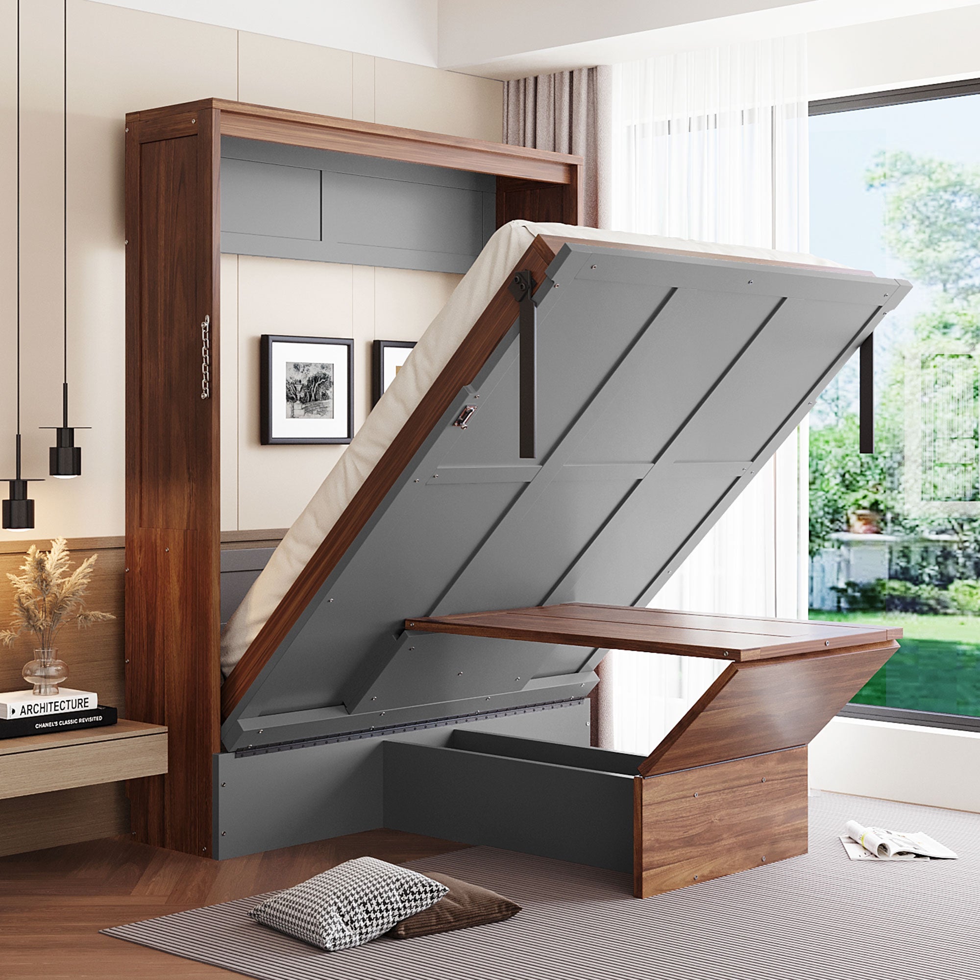 Full Size Murphy Bed with Foldable Desk, Modern Wall Bed in Walnut & White, Space-Saving Bed for Home Office & Guest Room